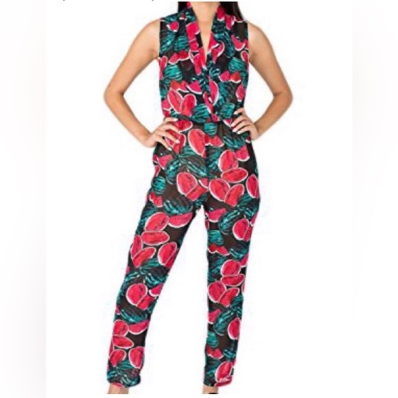 AMERICAN APPAREL BEACH COVER UP SHEER CHIFFON WATERMELON PRINT JUMPSUIT - Picture 1 of 11